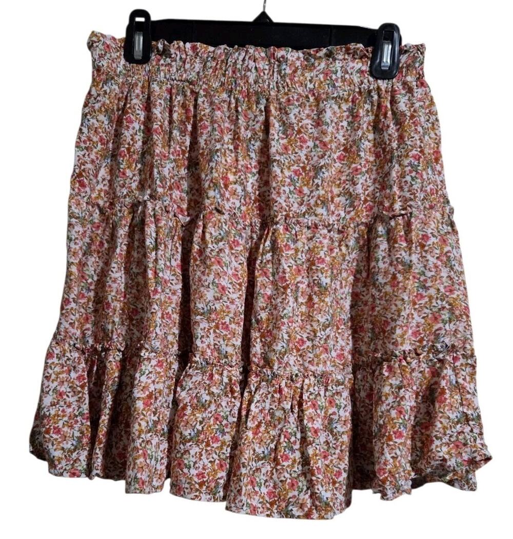 Cynthia Rowley Skater Boho Skirt Women's L Floral Ruffled Mini Pull On Festival